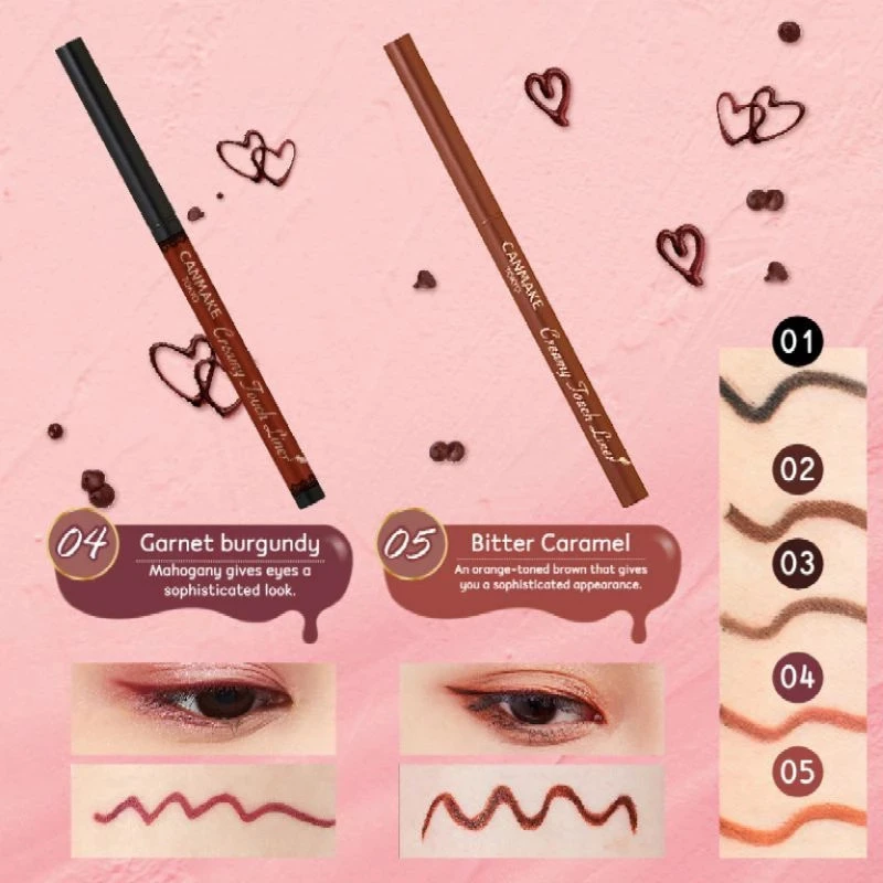 Sản phẩm kẻ mắt nước Canmake Creamy Touch Liner với hai màu Garnet Burgundy và Bitter Caramel, hiển thị hiệu ứng trên mắt và bảng màu chi tiết.