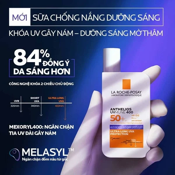 Hình ảnh sản phẩm sữa chống nắng La Roche-Posay Anthelios UVMune 400 SPF50+ được cầm trên tay, nền màu xanh tím, nổi bật thông tin về khả năng chống nắng và dưỡng sáng da.