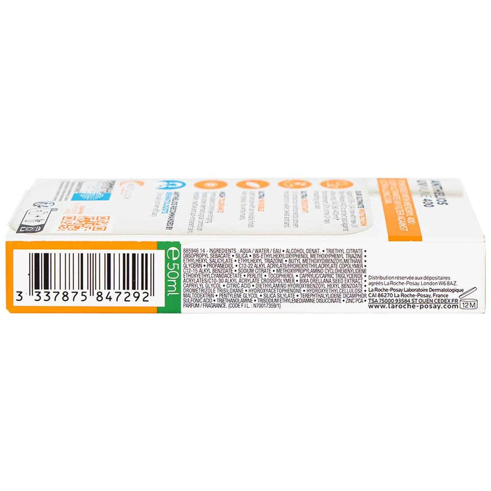 Hình ảnh mặt sau của hộp kem chống nắng La Roche-Posay Anthelios UVMune 400 Invisible Fluid SPF50+, hiển thị mã vạch, danh sách thành phần và thông tin phân phối.