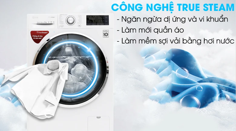 Máy giặt LG FC1409S2W tích hợp công nghệ True Steam, làm sạch và chăm sóc quần áo hiệu quả.