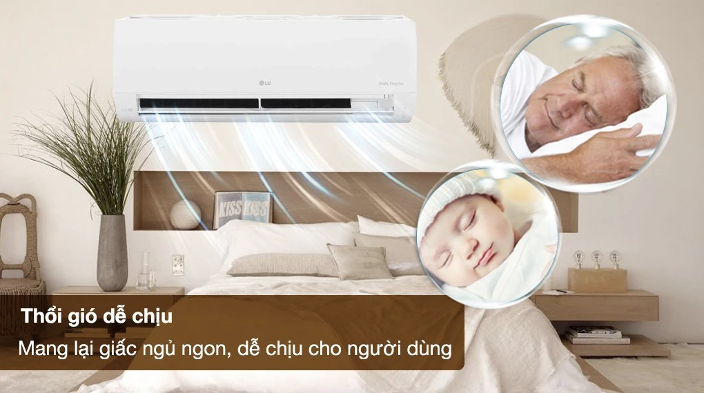 Máy lạnh LG V13ENF1 với thiết kế hiện đại, tạo luồng gió dịu nhẹ, phù hợp cho phòng ngủ, mang lại giấc ngủ sâu cho cả người lớn và trẻ nhỏ.