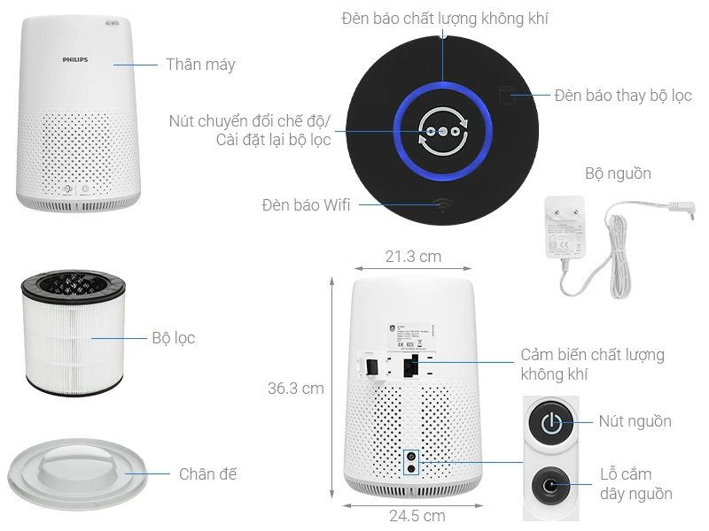 Máy lọc không khí Philips AC2887/10 - Hình ảnh chi tiết các bộ phận và kích thước sản phẩm