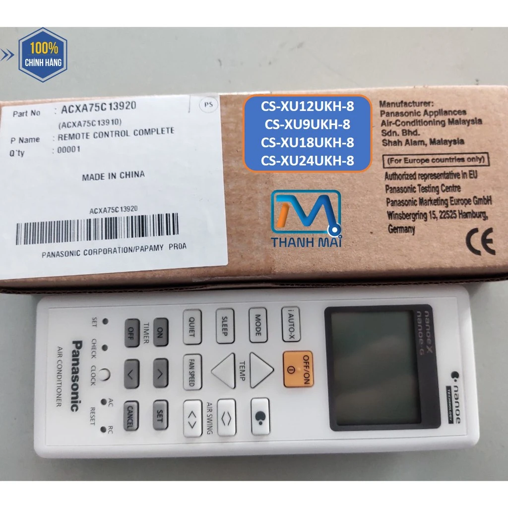 Điều khiển từ xa Panasonic cho máy lạnh CS-XU12UKH-8, hộp đựng và thiết bị rõ nét, không có watermark