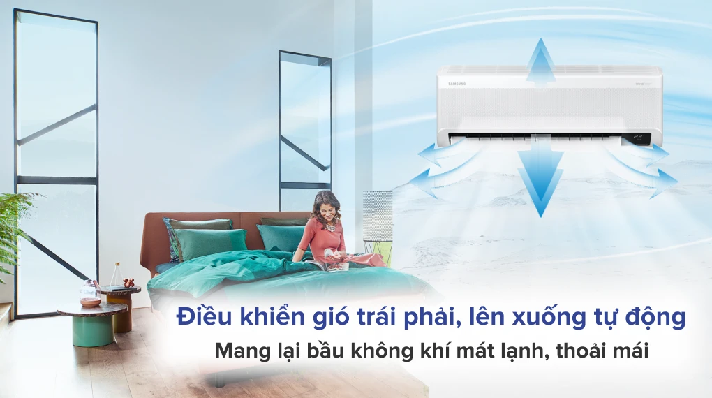 Máy lạnh Samsung AR13CYFTAWKNSV đang hoạt động trong phòng ngủ, tạo luồng gió mát lạnh đều khắp phòng, giúp người dùng cảm thấy thư giãn và dễ chịu.