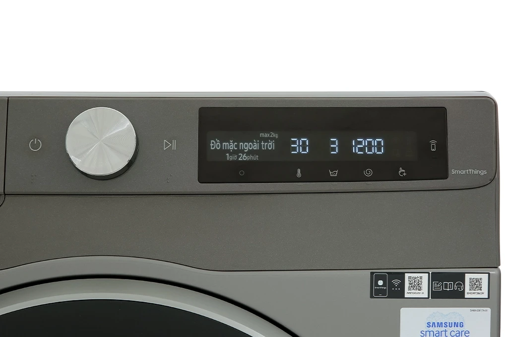 Máy giặt Samsung WW90T554DAN/SV - mặt trước với bảng điều khiển điện tử và màn hình hiển thị chương trình giặt