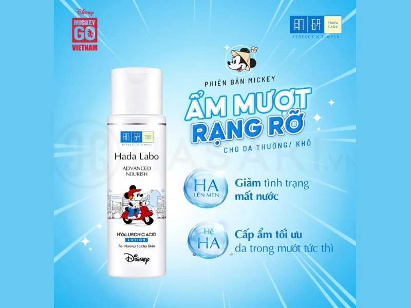 Chai toner Hada Labo Advanced Nourish Hyaluronic Acid Lotion phiên bản Mickey Mouse, thiết kế trắng tinh tế với họa tiết hoạt hình, phù hợp cho da thường đến khô.