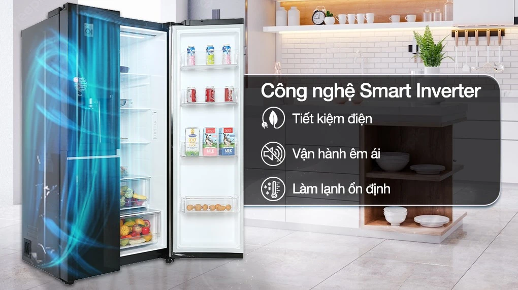 Tủ lạnh LG Inverter 475L GR-B207JDSK màu đen, cửa mở, hiển thị nội thất bên trong với các kệ đựng đồ uống và thực phẩm, cùng thông tin công nghệ Smart Inverter.