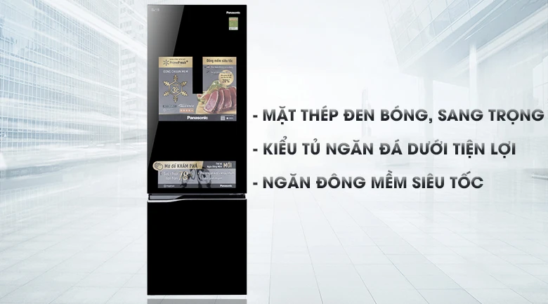 Tủ lạnh Panasonic Inverter 322L NR-BL322WKVN màu đen bóng, thiết kế hiện đại, ngăn đá dưới, có tính năng đông mềm siêu tốc