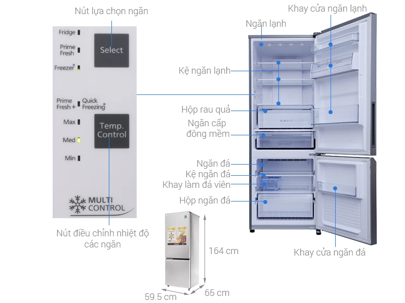 Tủ lạnh Panasonic Inverter 322L NR-BL322WKVN, thiết kế hai cửa, hiển thị các bộ phận như ngăn lạnh, ngăn đá, khay đựng, hộp rau quả và bảng điều khiển nhiệt độ.