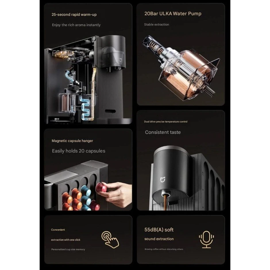 Máy pha cà phê Xiaomi Mijia Coffee Machine S1 - thiết kế hiện đại, công nghệ tiên tiến với hệ thống làm nóng nhanh, bơm nước 20Bar, kệ đựng kapsule từ tính, kiểm soát nhiệt độ chính xác và hoạt động êm ái.